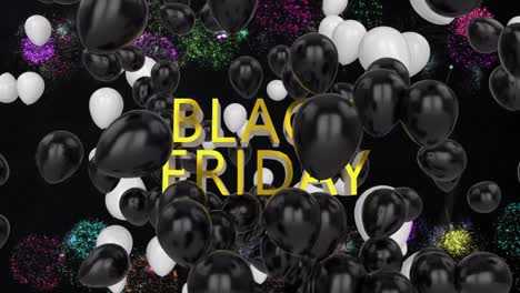 Animation-of-black-friday-text,-balloons-and-fireworks-on-black-background