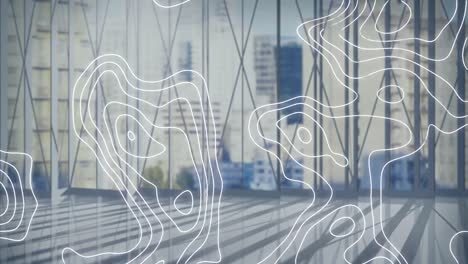 Animation-of-white-map-lines-over-modern-building-and-cityscape