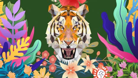 Animation-of-colourful-foliage-parting-to-reveal-tiger,-on-green-background