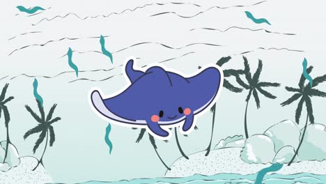 Animation-of-blue-stingray-fish-swimming-on-sea-background