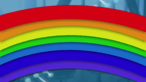 Animation-Eines-Regenbogens-Und-Eines-DNA-Strangs,-Der-Sich-über-Einem-Leeren-Büro-Dreht