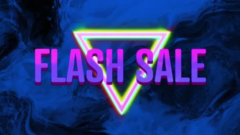 Animation-of-text-flash-sale-in-pink-and-purple,-with-colourful-triangle,-on-blue-and-black