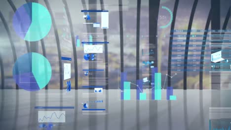 Animation-of-data-processing-over-modern-building-and-cityscape