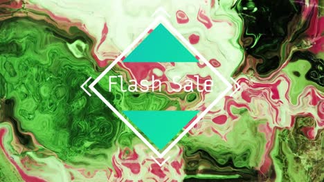 Animation-of-text-flash-sale,-in-white-diamond,-over-swirling-green-and-pink