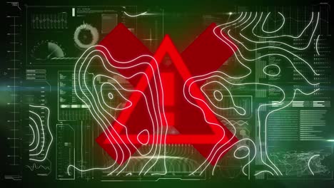 Animation-of-topographical-chart-moving-over-red-warning-triangle-and-data-processing-on-interface