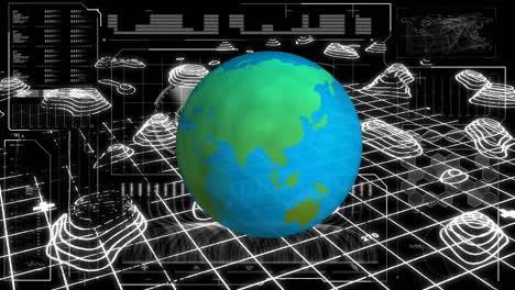 Animation-Eines-Globus,-Der-Sich-über-Eine-Schnittstelle-Mit-Datenverarbeitung-Und-Topografischer-Karte-Dreht