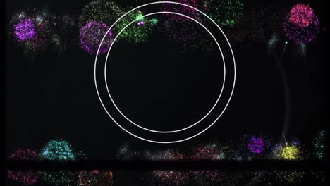 Animation-of-circles-countdown-with-fireworks-on-black-background