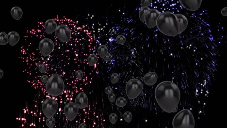 Animation-of-black-balloons-with-fireworks-on-black-background