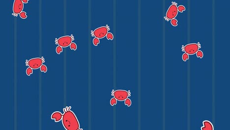Animation-of-multiple-crabs-swimming-on-blue-striped-background