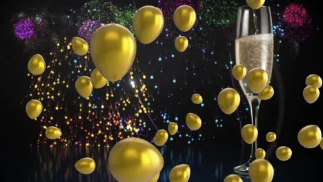 Animation-of-gold-balloons,-champagne-and-fireworks-on-black-background
