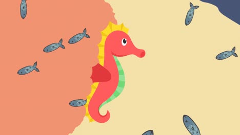 Animation-of-seahorse-and-fish-swimming-on-orange-and-yellow-background