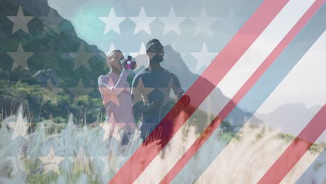 Animation-of-american-flag-over-man-and-woman-taking-break-during-exercise-in-mountains