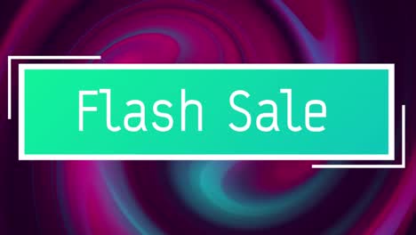 Animation-of-text-flash-sale-in-green-banner,-over-swirling-dark-pink-and-blue-background