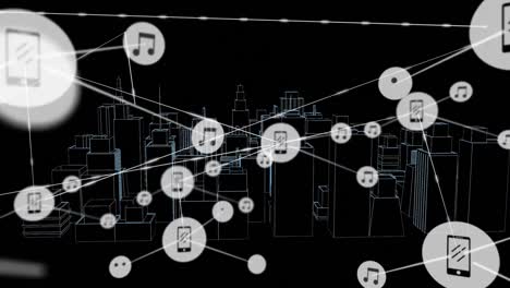 Animation-Eines-Netzwerks-Von-Verbindungen-Mit-Symbolen-über-Einer-3D-Stadtzeichnung-Auf-Schwarzem-Hintergrund