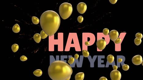 Animation-of-happy-new-year-text,-gold-balloons-with-fireworks-on-black-background