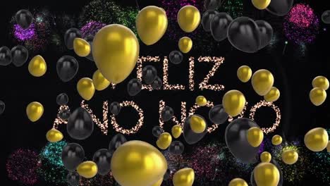 Animation-Eines-Frohen-Neujahrstextes,-Goldene-Luftballons-Mit-Feuerwerk-Auf-Schwarzem-Hintergrund