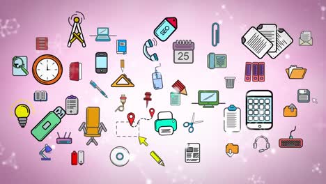 Animation-of-school-items-icons-on-purple-background