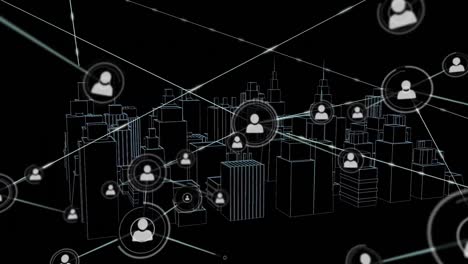 Animation-of-network-of-connections-with-icons-over-3d-city-drawing-on-black-background