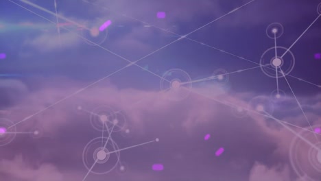 Animation-of-purple-scope-and-network-of-connections-on-sky-background