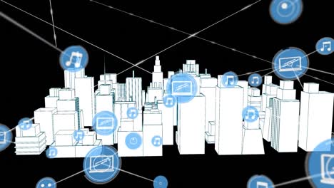 Animation-Eines-Netzwerks-Von-Verbindungen-Mit-Symbolen-über-Einem-3D-Stadtbild