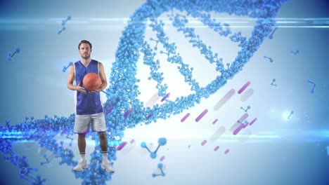 Animation-Eines-DNA-Strangs,-Der-Sich-über-Einem-Basketballspieler-Dreht