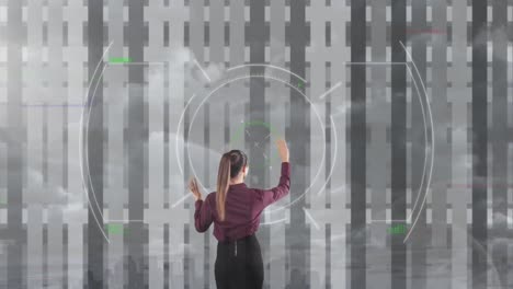 Animation-of-businesswoman-touching-interactive-screen-with-data-processing