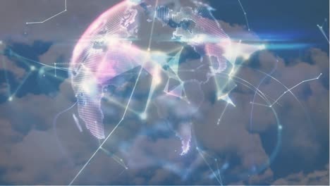 Animation-Des-Globus-Mit-Netzwerk-Von-Verbindungen-über-Dem-Himmel