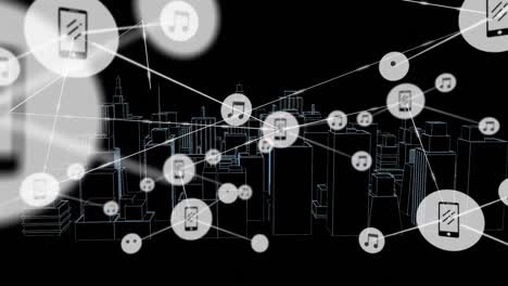 Animation-of-network-of-connections-with-icons-over-3d-city-drawing-on-black-background
