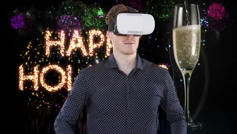 Animation-of-man-wearing-vr-headset,-happy-new-year-text,-champagne-and-fireworks-on-black