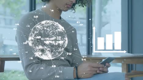 Animation-of-data-processing-and-globe-over-man-using-smartphone