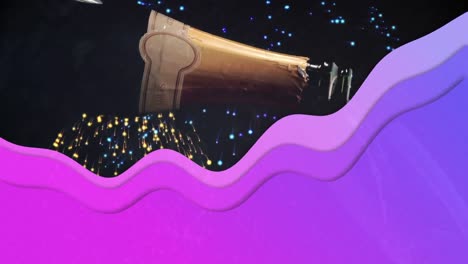 Animation-of-champagne-and-fireworks-with-purple-wave-on-black-background