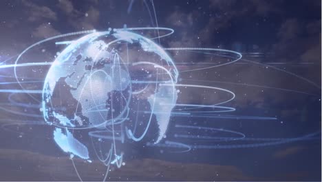 Animation-Des-Globus-Mit-Netzwerk-Von-Verbindungen-über-Dem-Himmel