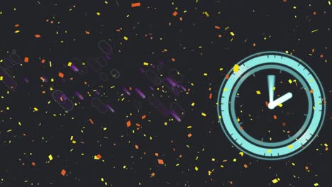 Animation-of-confetti-with-clock-on-black-background