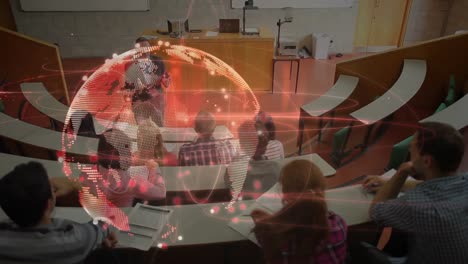 Animation-of-glowing-globe-with-network-of-connections-over-teacher-and-students-in-lecture-room