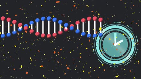 Animation-of-confetti-with-dna-strand-and-clock-on-black-background