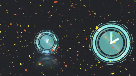 Animation-of-confetti-falling-over-clocks-on-black-background