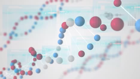 Animation-Rotierender-3D-Modell-DNA-Stränge-Mit-Datenverarbeitung-Auf-Weißer-Und-Blauer-Schnittstelle