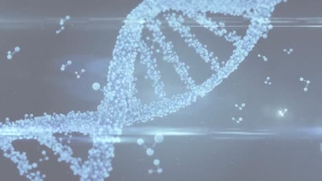 Animation-Eines-Rotierenden-3D-DNA-Strangs-Mit-Lichtern-Und-Schwebenden-Molekularen-Strukturen-Auf-Grau