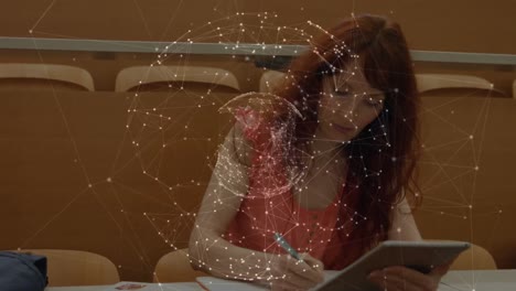 Animation-of-network-of-connections-over-female-student-using-tablet