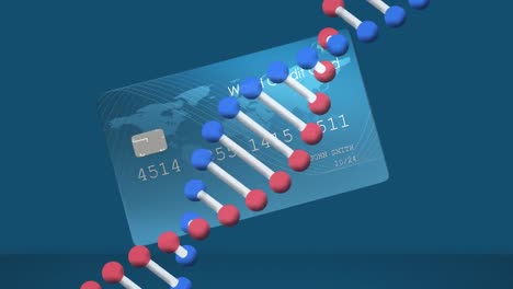 Animation-Eines-3D-DNA-Strangs,-Der-Sich-über-Einer-Kreditkarte-Auf-Blauem-Hintergrund-Dreht
