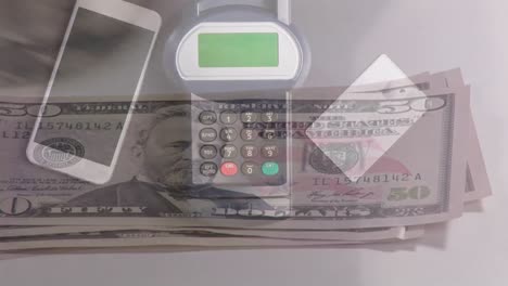 Animation-of-american-dollar-banknotes-and-payment-terminal