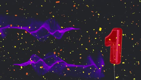 Animation-Von-Konfetti,-Das-über-Zwei-Rote-Ballons-Fällt,-Und-Violetten-Lichtspuren-Auf-Schwarzem-Hintergrund