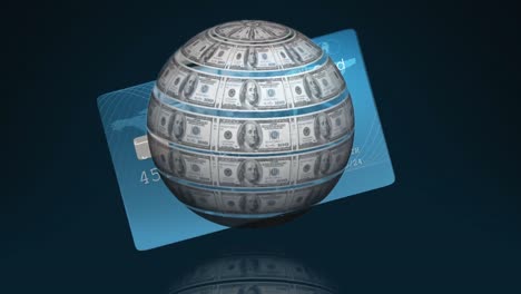 Animation-of-american-dollar-globe-rotating-over-credit-card-on-black-background