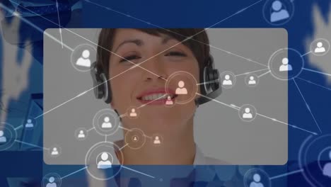 Animation-of-globe-of-business-people-using-computers-and-phone-headsets-and-network-of-connections