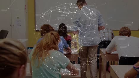 Animation-of-rotating-global-network-of-connections,-over-teacher-and-students-in-classroom