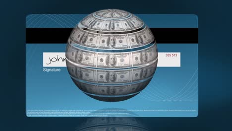 Animation-of-american-dollar-globe-rotating-over-credit-card-on-blue-background