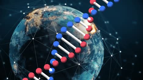 Animation-of-dna-strand-over-globe-and-network-of-connections