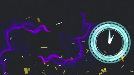 Animation-of-confetti-falling-over-purple-light-trails-and-clock-on-black-background
