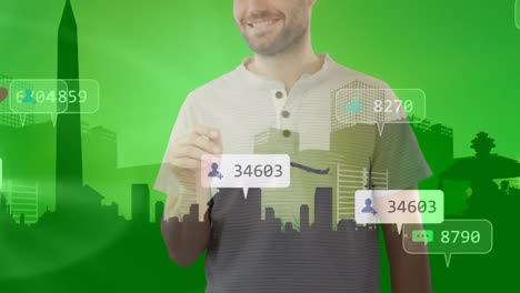 Animation-of-social-media-icons-over-man-using-virtual-screen-and-cityscape