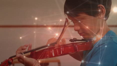 Animation-of-network-of-connections-over-schoolboy-playing-with-violin